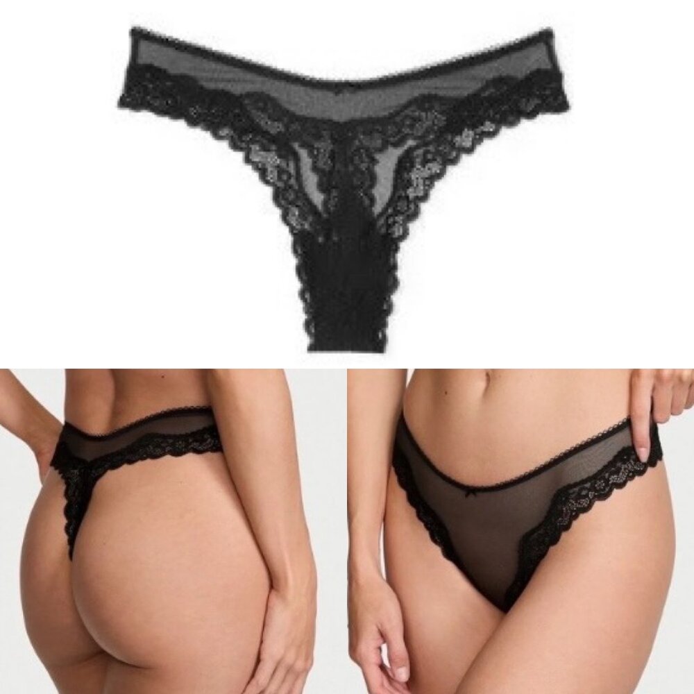 New Victoria’s Secret Tease High Leg Thong Black Lace Trim Size L